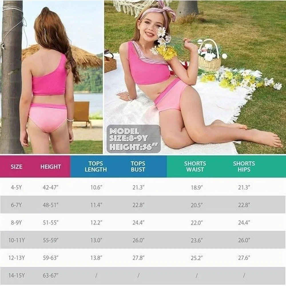Mirawise‎ Girls Pink Metallic Swimsuit Set w/ Hair Accessory One Shoulder 12-13Y